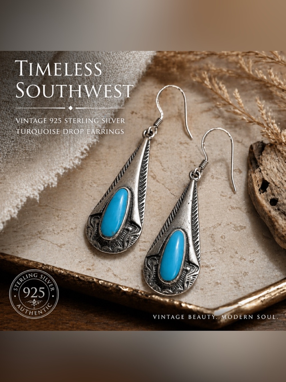 Sterling Silver Turquoise Southwest Drop Earrings 925 Vintage Boho